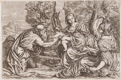 Titian etching from 1682 The Madonna and Child with Saint Jerome and Saint Dorothy